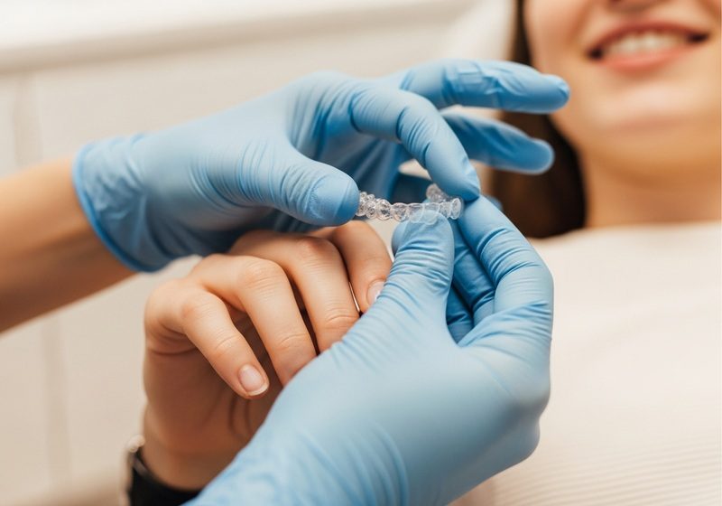 Tandläkare provar ut en osynlig tandskena på en patient