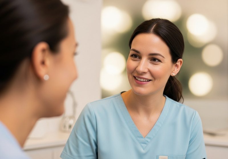 Tandsköterska samtalar med en patient i kliniken