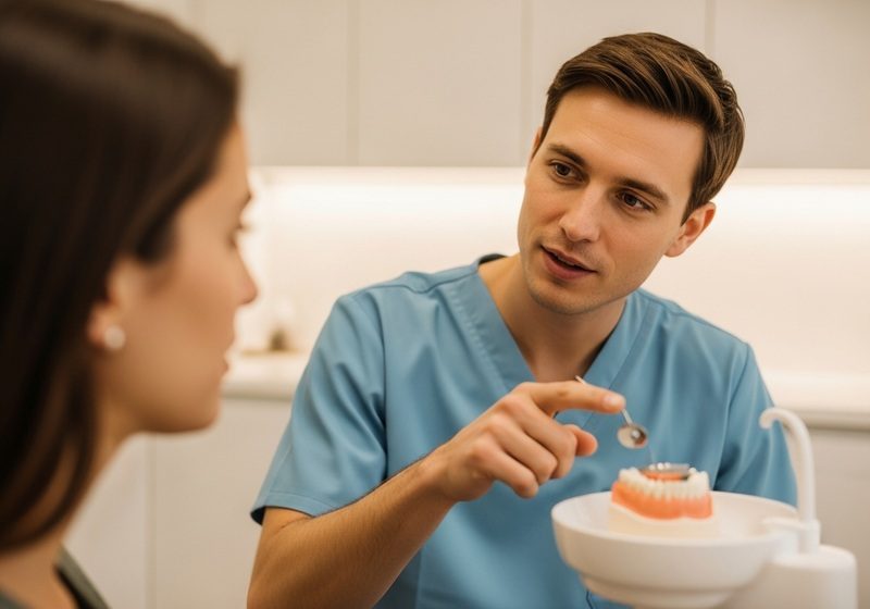 Tandläkare visar en tandmodell för en patient
