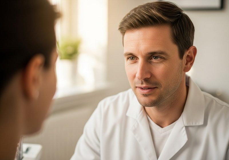 Tandläkare i samtal med en patient
