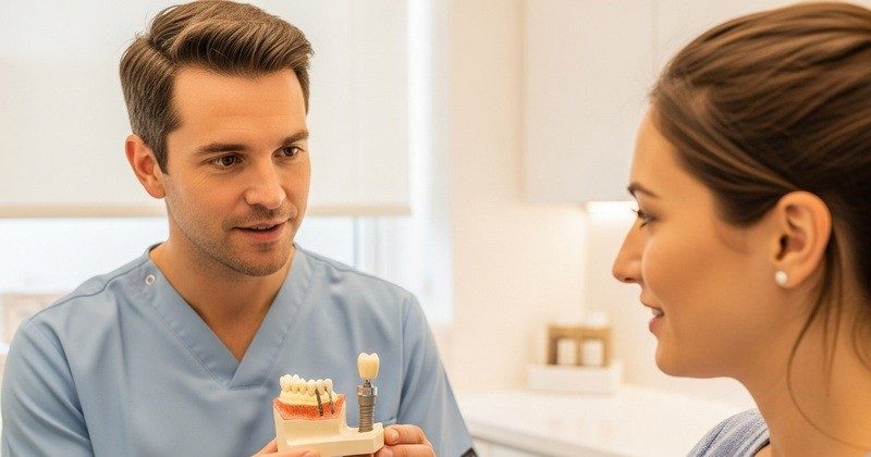Tandläkare går igenom en implantatmodell tillsammans med en patient